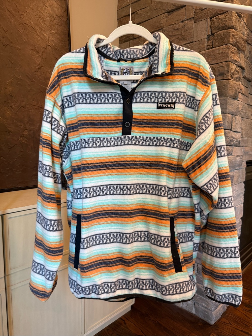 Cinch Men's Blue & Orange Striped Fleece Pullover